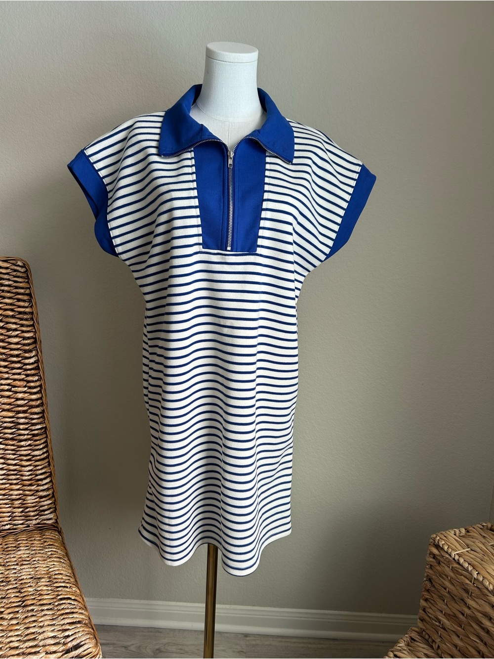 She + Sky White and Blue Striped Zip Polo Dress